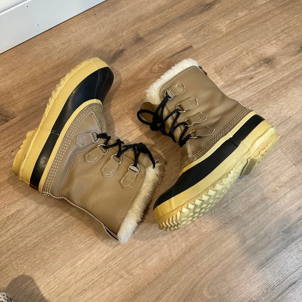 Sorel‎ Caribou Snow Boots Women 9 Tan Leather Waterproof Winter Duck Boots VTG